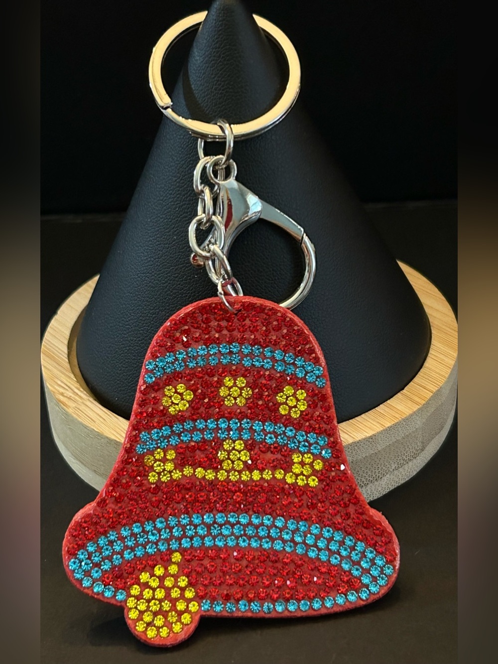 Sparkle Holiday Bell Key & Card Holder Bag Charm Keychain - Red Crystal Accents